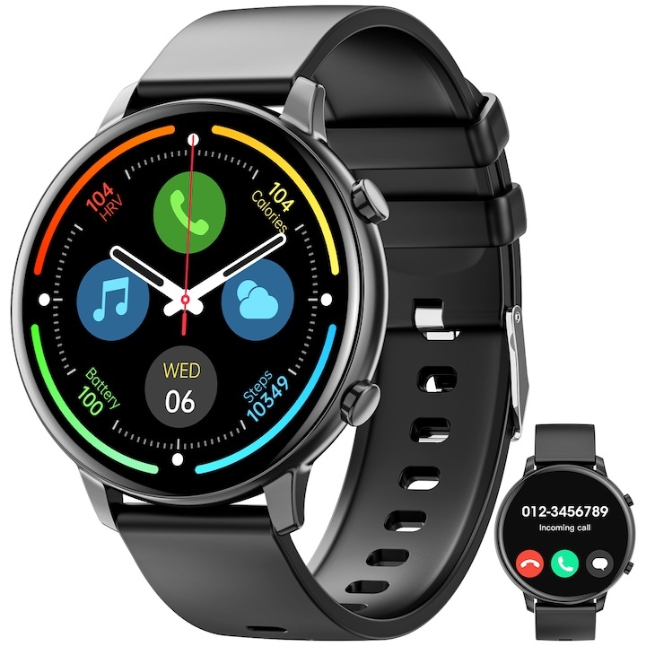 Смарт часовник, Carkira, модел G25, 1,39-инчов дисплей, спортен режим, фитнес тракер, сърдечен ритъм в реално време, педометър, интелигентни съобщения, мониторинг на съня, Bluetooth повикване, музикален плейър, румънска езикова поддръжка, черен