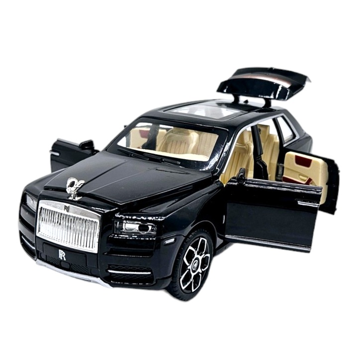 Rolls Royce Cullinan fémautó füsthatásokkal, Valósághű hangok, Fényszórók és hátsó lámpák világítanak, Motorháztető, csomagtartó és 4 ajtó nyitva, Elemek, 21 cm, Fekete, Doboz nélkül