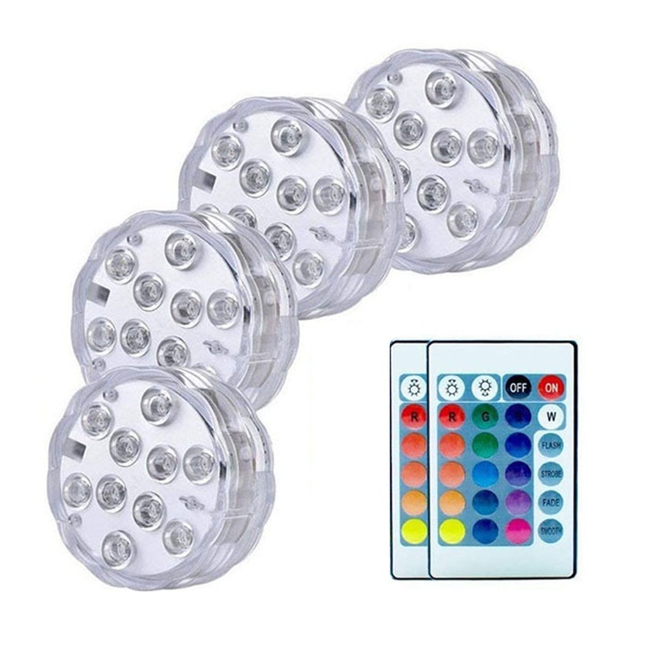 Комплект от 4 лампи за басейн, Zggzerg, IP68 водоустойчивост, 10 LED крушки, 16 цвята, 5050RGB, 4 режима на осветяване, С 2 дистанционни управления, За басейн, джакузи, аквариум, Поликарбонат, 7.5cm x 3.5cm, Прозрачен