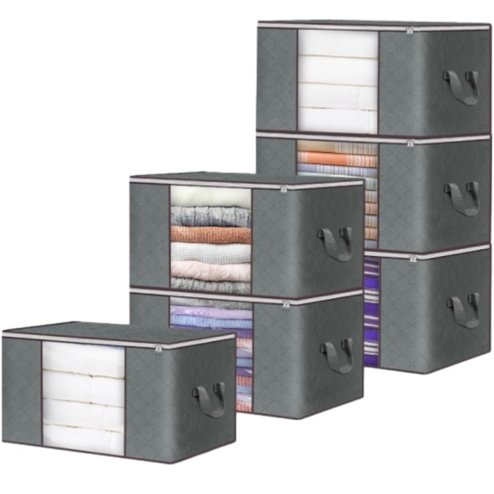 Комплект от 6 сгъваеми кутии за съхранение, WALALLA, с цип, с прозрачно стъкло и дръжки, подходящи за организиране на спални, гардероби, дрехи, играчки, книги, 60×40×35 см, сиви