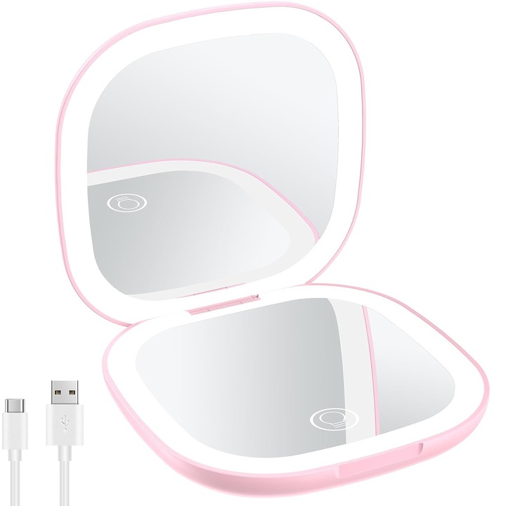 Oglinda Cosmetica Portabila cu Iluminare LED, Marire 1X/10X, Incarcare USB, MNK-Tech1225, Roz
