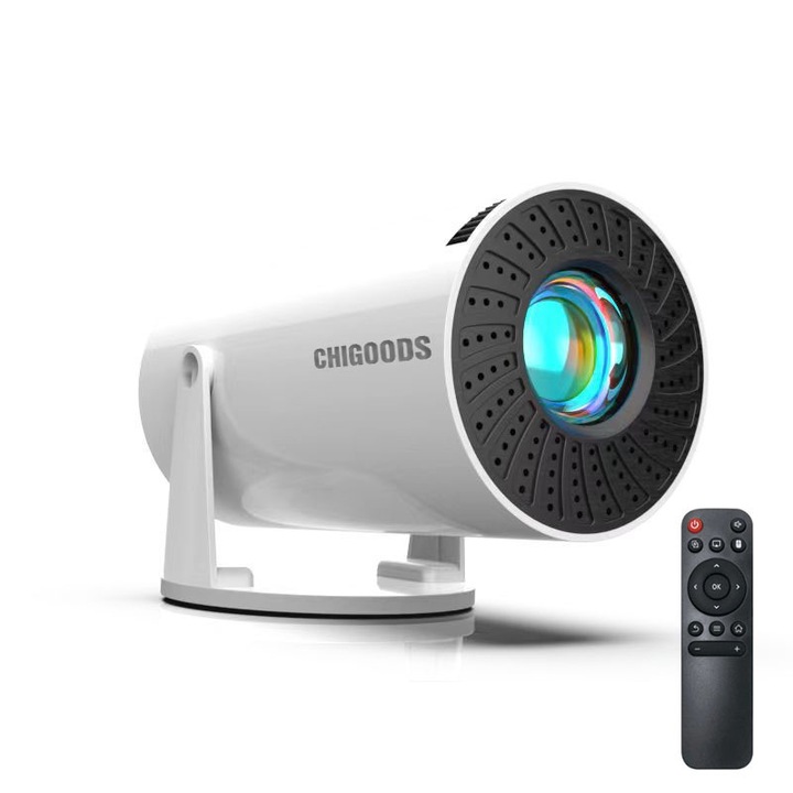 Преносим видеопроектор CHIGOODS, Smart 720P с поддръжка на 4k, Allwinner H713, Android TV 11.0, с вграден високоговорител, 200 ANSI, LED 5000 лумена, ротация на 180 градуса, бял