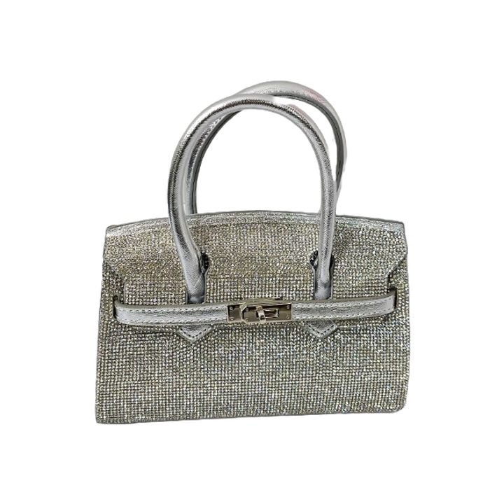 Geanta de ocazie, HeRRa, cu strasuri si catarama metalica, Argintiu, Velve