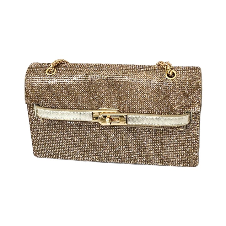 Geanta de ocazie Yzza, cu inchidere laterala twist si strasuri artizanale, Auriu, Velve