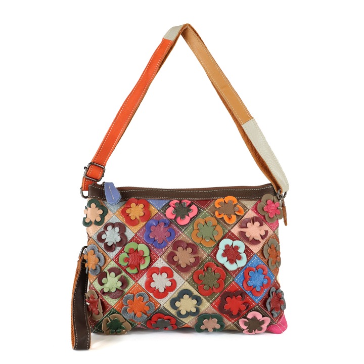 Geanta crossbody piele naturala cu flori