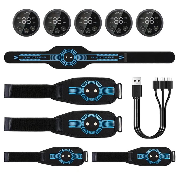 Set 5 Centura de Electrostimulare EMS, BOMSTOM, Antrenor portabil de fitness pentru brate si picioare abdominale, 10 moduri si 39 de intensitati, incarcare USB