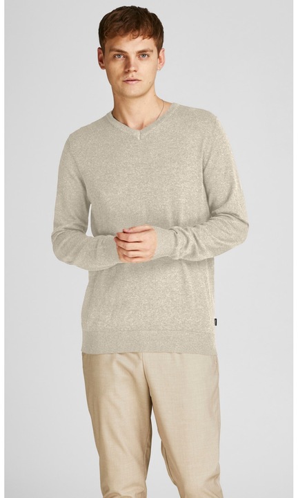 Vékony pulóver hosszú ujjal, V-nyakú, alap kötés, blúz, JJEEMIL felső, Világosszürke