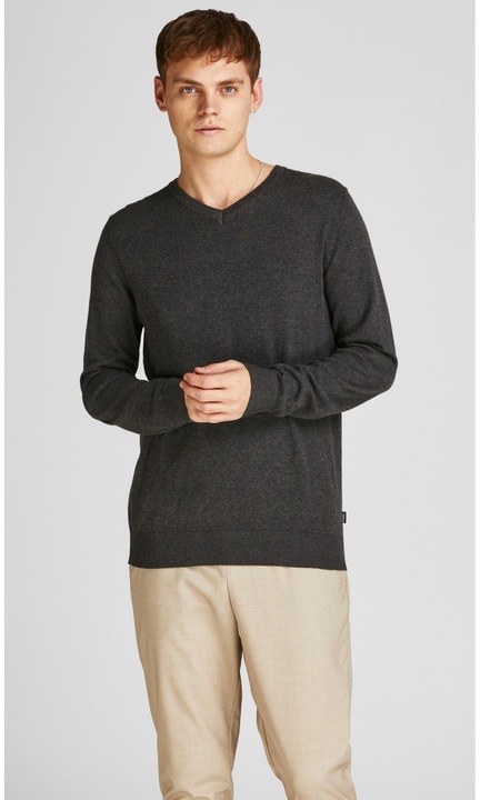 Vékony pulóver hosszú ujjal, V-nyakú, alap kötés, blúz, JJEEMIL felső, Sötétszürke