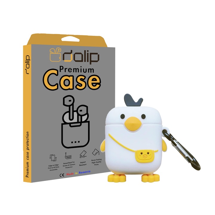Husa pentru Apple AirPods 1/2, Dalip Duck3D, Silicon, Alb