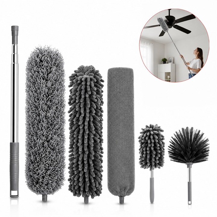 Pamatuf 6in1 TNS®, Pentru Curatat Praful, Maner Aluminiu Extensibil Pana la 290 cm, Reutilizabil Dupa Spalare, Pentru locuri greu Accesibile, Usor de Folosit/Curatat, Gri Cenusiu