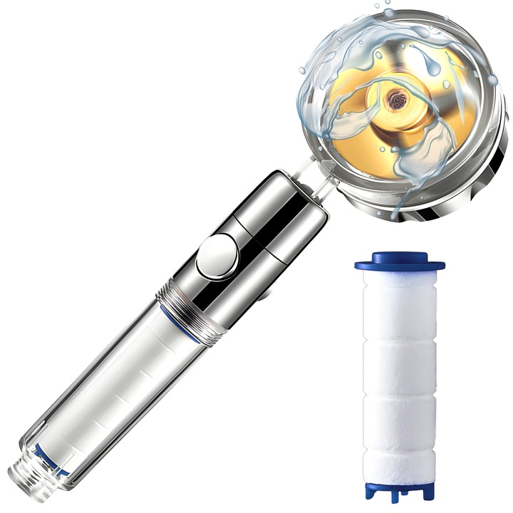 Retoo Turbo Vortex душ слушалка с витло, филтър за вода, въртяща се на 360° глава и бутон за включване/изключване, много силен натиск, сребристо-златисто