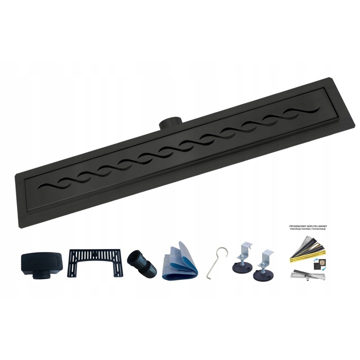 AQUA HEATING Rigola de dus 60 cm VAL WAVE Otel Inox NEGRU Inox SIFON JOS 54 mm