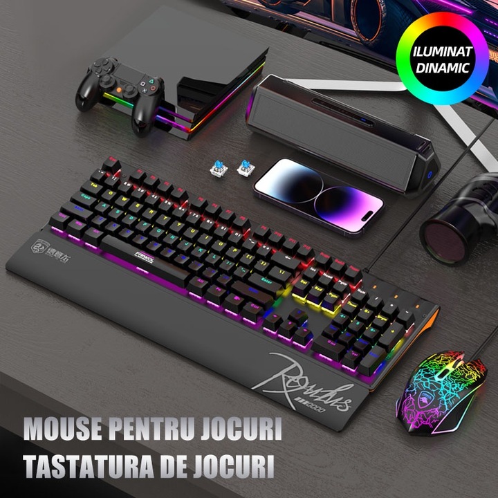 Kit Tastatura Gaming Mecanica cu Fir, Redkid® RGB, 104 Taste, USB-C, iluminare RGB, suport incheietura, Negru