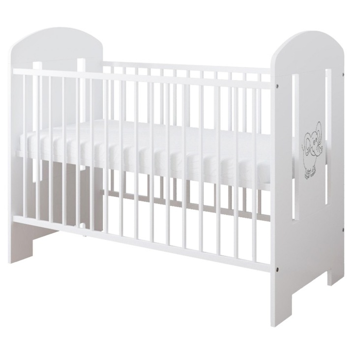 Patut din lemn MDF Nichiduta Ptilou Elefantel Alb cu sistem 3 bare detasabile, Somiera reglabila pe 3 nivele de inaltime, Vopsea sigura pe baza de apa, Design modern, Margini rotunjite, Dimensiuni interioare 120x60cm