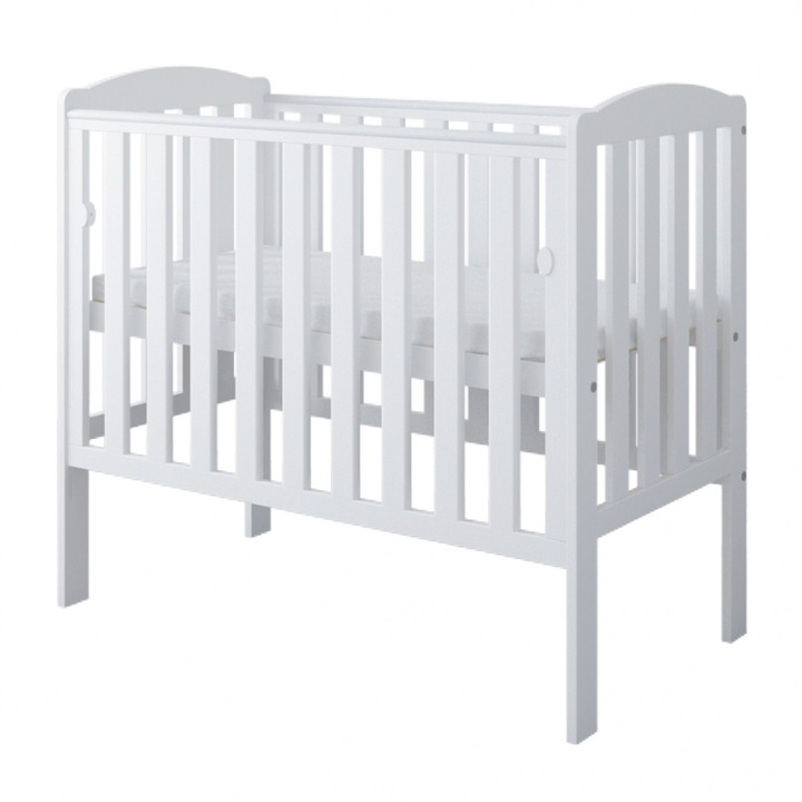 Patut din lemn Nichiduta Tobi White 100x50 cm cu laterala culisanta, margine din silicon pentru protectie dintisori, design modern, margini rotunjite,3 nivele de reglare somiera, vopsele si materiale sigure