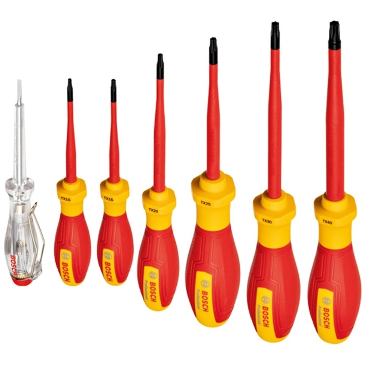 Комплект от 7 изолирани отвертки VDE 1000V BOSCH Professional, 6 x TX10-TX40 torx профилни отвертки, 1 x SL3 мрежов тестер