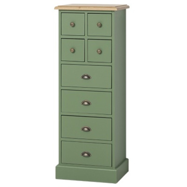 Keskeny, 8 fiókos komód, tölgy plattal, platt színe világosbarna P061, test színe sötétzöld P038, dupla színű, 100% tömör fa