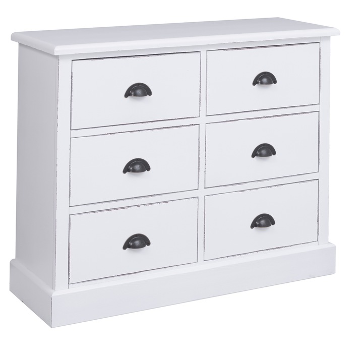 Comoda cu 6 sertare, culoare alb antichizat P029++P004A, 2 straturi de culori antichizat, 100% lemn masiv