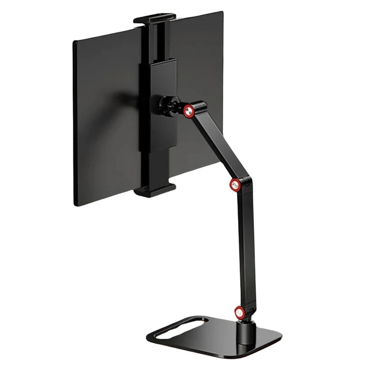 Suport de tableta / telefon, trei sectiuni/brate, suport intre 13" si 17.3", metalic, culoare: negru si rosu, rotire la 360°, pliabil, ajustabil