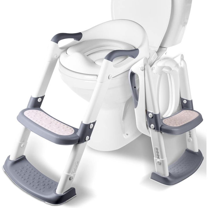 Reductor WC cu Scara Arvada®, antiderapant, pentru copii cu varsta pana la 10 ani, protectie impotriva stropilor, pliabil, 2 trepte, reglabil pe inaltime, 38 x 40 x 47 cm, manere de sustinere, gri