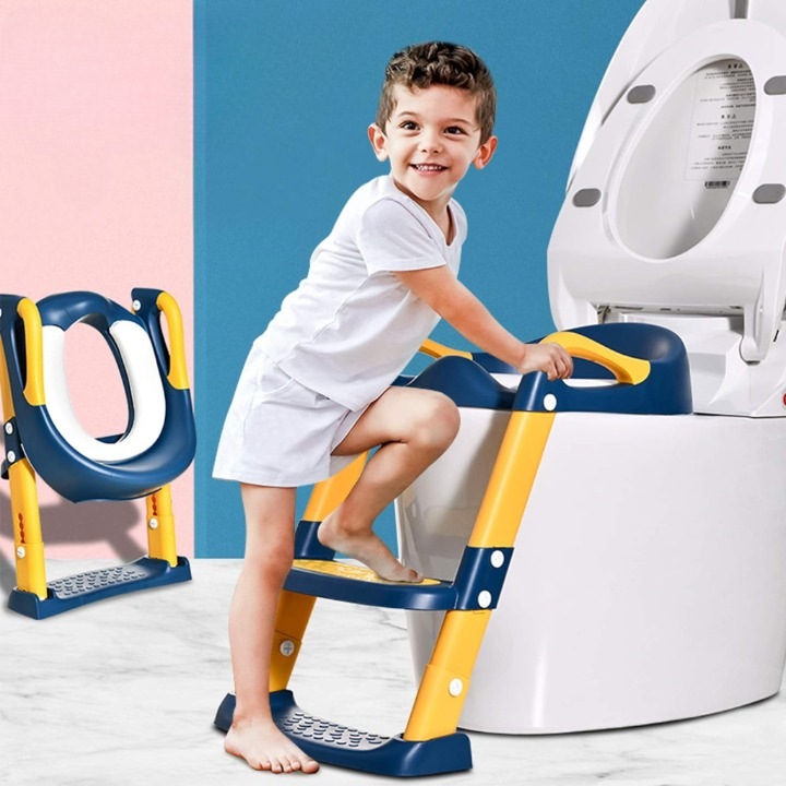 Reductor WC cu Scara SUMMER BABY, antiderapant, pentru copii cu varsta pana la 10 ani, protectie impotriva stropilor, pliabil, 2 trepte, reglabil pe inaltime, 38 x 40 x 47 cm, manere de sustinere, Albastru / Galben