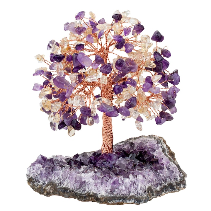 Arborele de bani cu chipsuri din cristale naturale pentru noroc si bogatie Pietre lucrate manual Figurina Bonsai cu baza de ametist natural, ametist si citrin, WALALLA