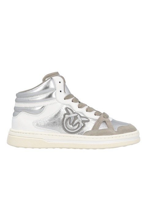 Pinko, Pantofi sport mid-high cu detalii de piele, Alb/Maro taupe/Argintiu