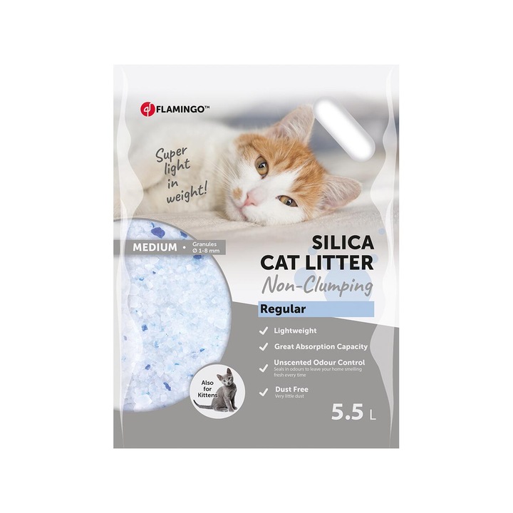 Asternut pentru pisici, FLAMINGO Nisip Silica Gel Medium, 5.5 litri, absoarbe rapid si neutralizeaza mirosurile