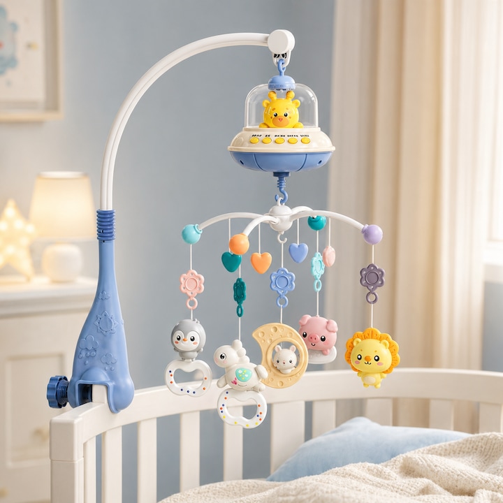 Carusel Muzical Reincarcabil pentru Patut Bebelusi LittleDomi®, Control prin Telecomanda, Cronometru, Joc de Lumini si Sunete, Rotire 360°, 5 Jucarii Detasabile - Zornaitoare si Dentitie, Cantece de Leagan/Melodii Calmante, Volum Ajustabil, Albastru