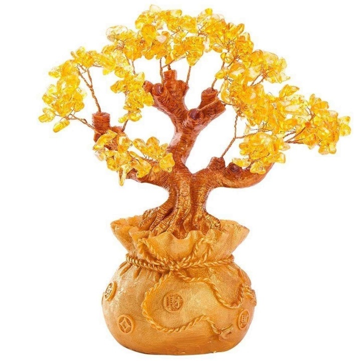 Bonsai cu cristale naturale de citrin, supranumit arborele banilor, bradul de 25 cm inaltime este cadoul pentru prosperitate, succes, energie pozitiva, WALALLA