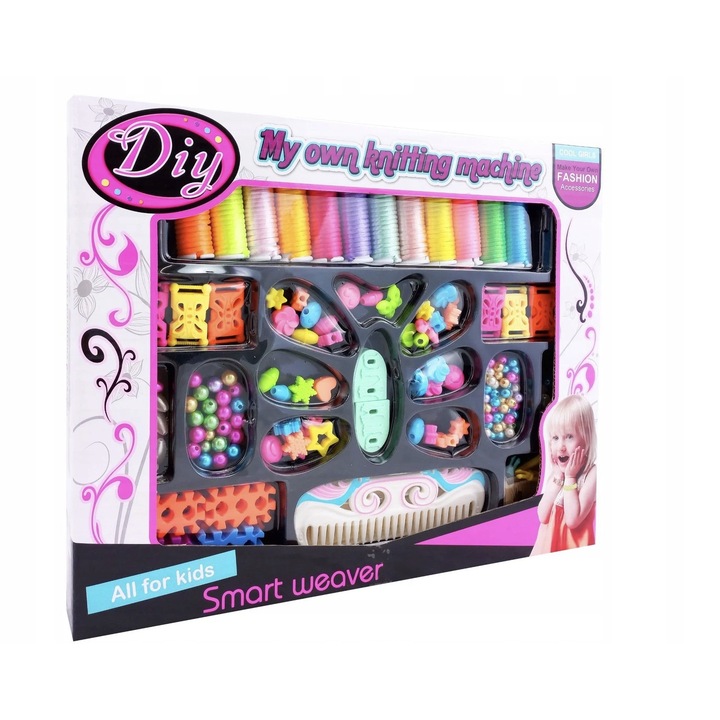 Set de artizanat DIY, 10 tipuri de margele, 12 snururi colorate, multicolor, pentru bratari si bijuterii