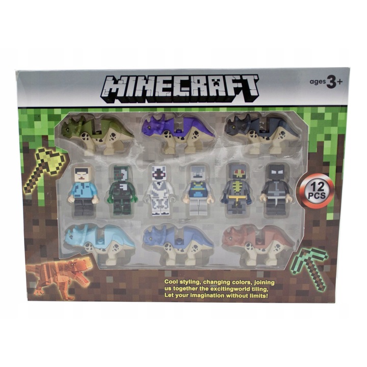 Комплект от 12 Lobo Minecraft фигурки, динозаври и герои, многоцветни, 4.5x2.5cm, 6x3cm