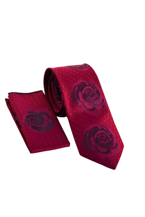 Set cravata si batista poliester, DUK, Imprimeu Floral, 7.7 x 150 cm, DK20029- 77, Rosu