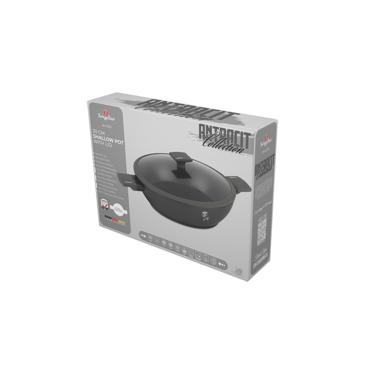Cratita cu capac 30 cm, 4.5L – Berlinger Haus Anthracite Collection BH 8129, cu strat antiaderent titan, design modern, gri antracit