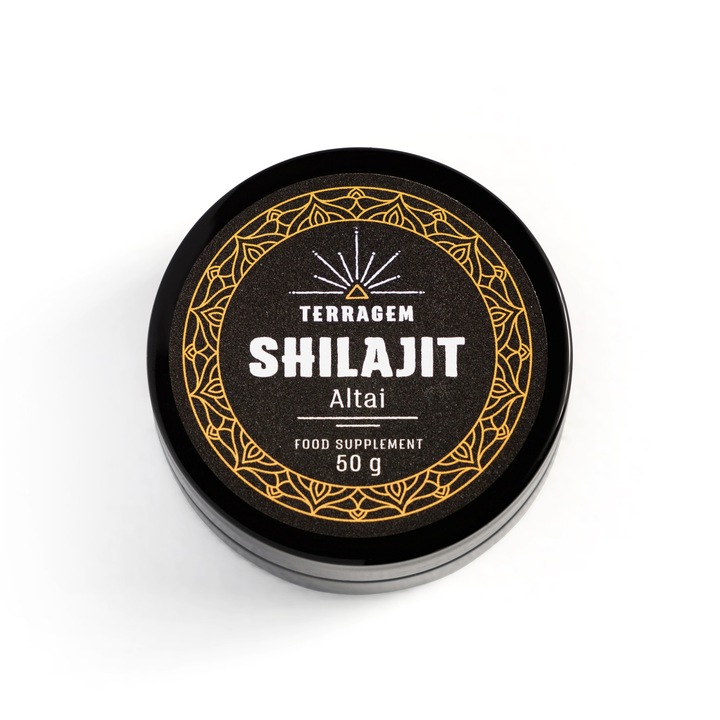 Supliment alimentar certificat, TERRAGEM, Shilajit Altai - Mumijo - Bogat in minerale si nutrienti, contine acid fulvic si acid humic - Derivat din familii de colectori - Supliment alimentar certificat - Bogatie naturala - Borcan de sticla 50 g