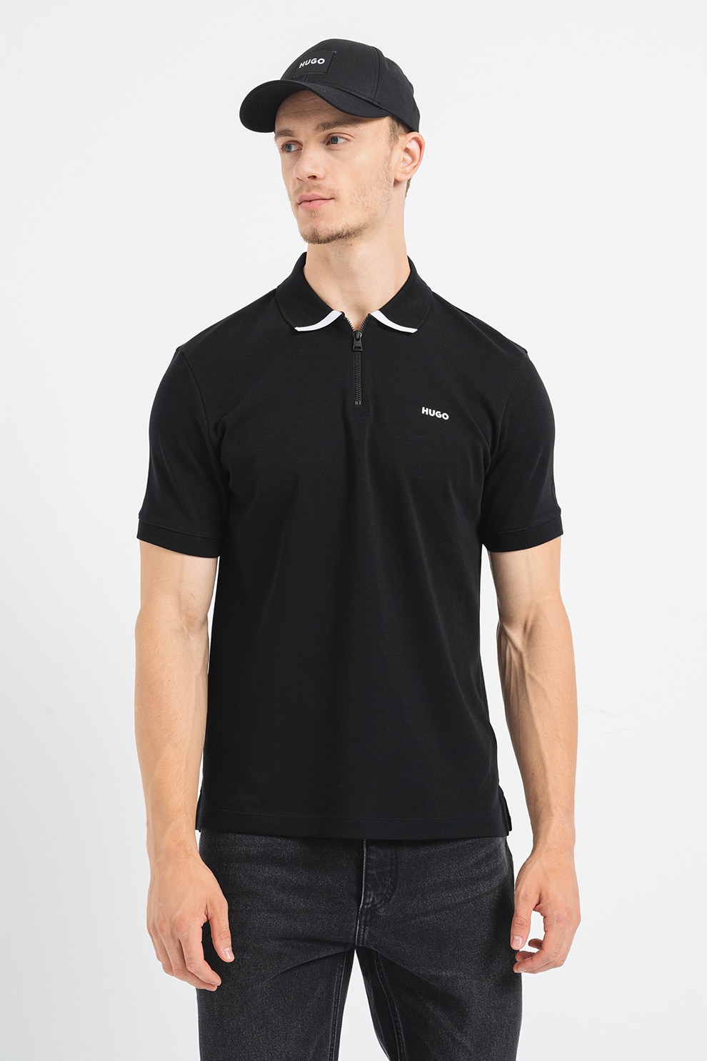 HUGO, Tricou polo cu fenta cu fermoar Dalomino, Negru, XL