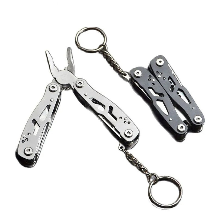 Комплект 2 сгъваеми многофункционални клещи за ключодържатели, Ръчно отваряне, Ключодържател, 10 функции, 10 см, сиво и черно, dalimag