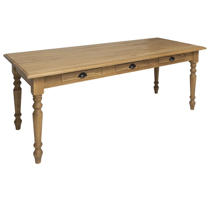 Masa dining 210x90cm, blat stejar, culoare maro deschis P001, ceruit, 100% lemn masiv