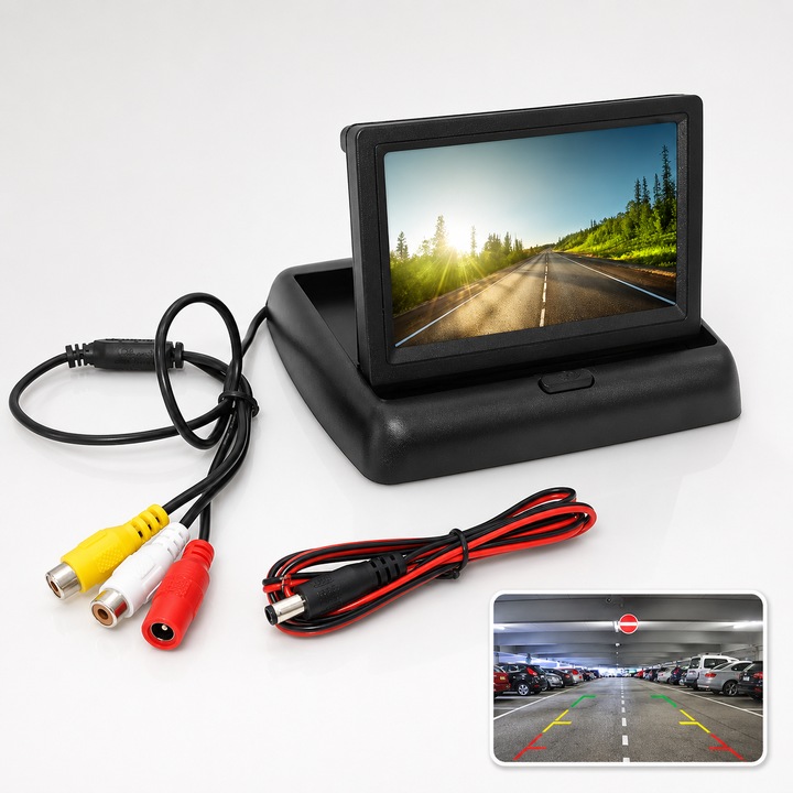 Display de marsarier pliabil pentru masina, JESWO®,5 inch Ecran Color,2 Intrari Video AV, rezolutie 800*480, Rezistenta la apa, Vizibilitate Sporita, Plierea cu un singur buton, ABS, Negru