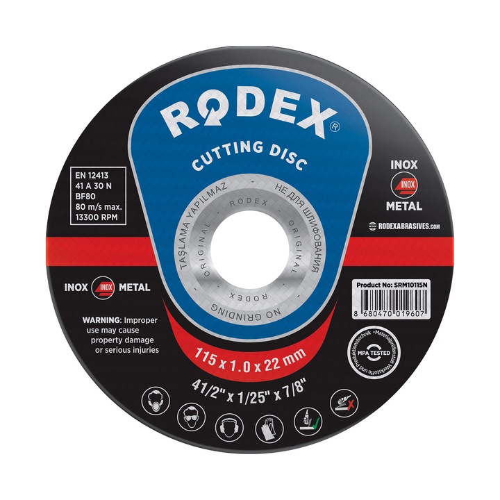 Disc De Taiat Metal Rodex, Pentru Metal, Otel, 5Buc, 115Mm*1.0*22Mm, Tip T41, Max Rpm 13.300 Si 80M/S (100/600)