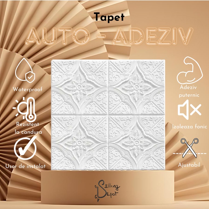 Set 15 x Tapet 3D, Selling Depot®, autoadeziv, Model Floral Diamant, perete/tavan, waterproof, usor de montat, design modern, 70x70 cm, alb