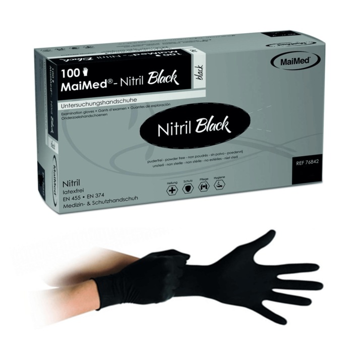 Manusi medicale de unica folosinta, nesterile, fara pudra, Maimed Nitril Black, negru, set 100 buc, marime S