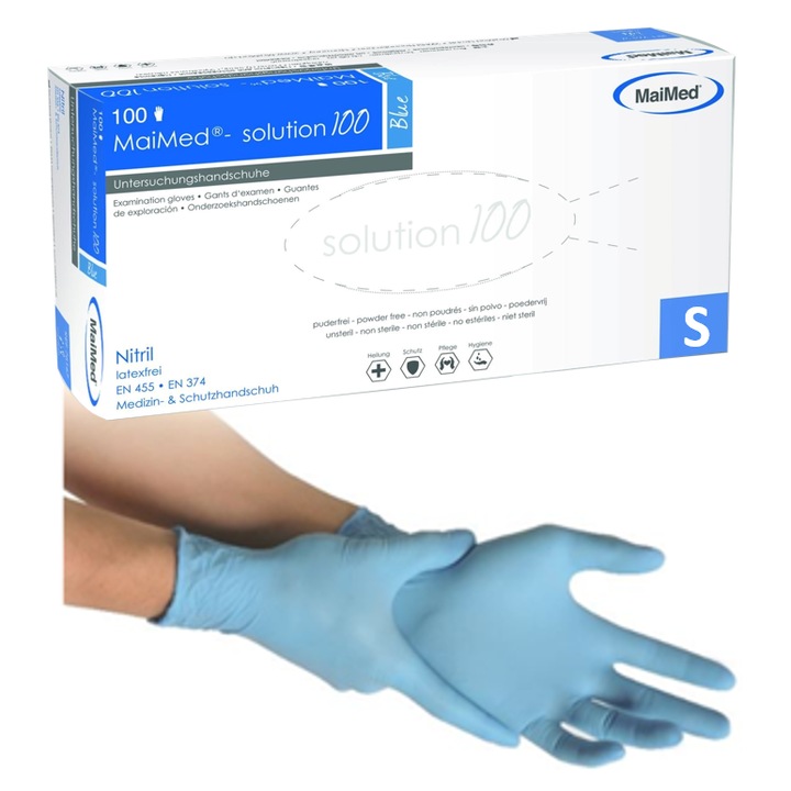 Manusi chirurgicale de unica folosinta din nitril, fara pudra, nesterile, fabricate in Germania, non-sterile, albastre, S, set 100 buc