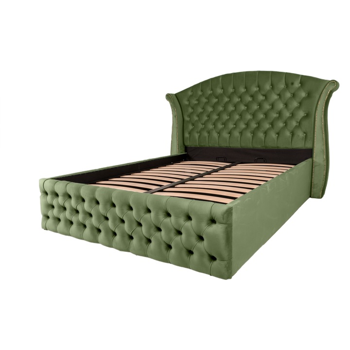 Pat dublu tapitat Miami 180/200 cm, kaki cu detalii aurii, cu somiera metalica rabatabila si spatiu de depozitare