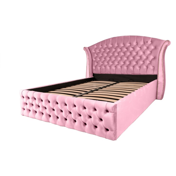 Pat dublu tapitat Miami 140/200 cm, roz cu detalii aurii, cu somiera metalica rabatabila si spatiu de depozitare