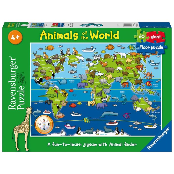 Puzzle de podea Ravensburger - Harta animalele lumii, 60 piese