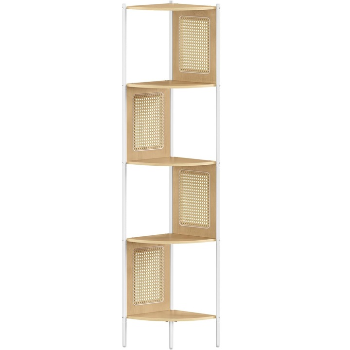 VASAGLE бохо ъглов рафт, метална рамка, MDF рафтове и полиратанови панели, 32x32x156 см, бежов