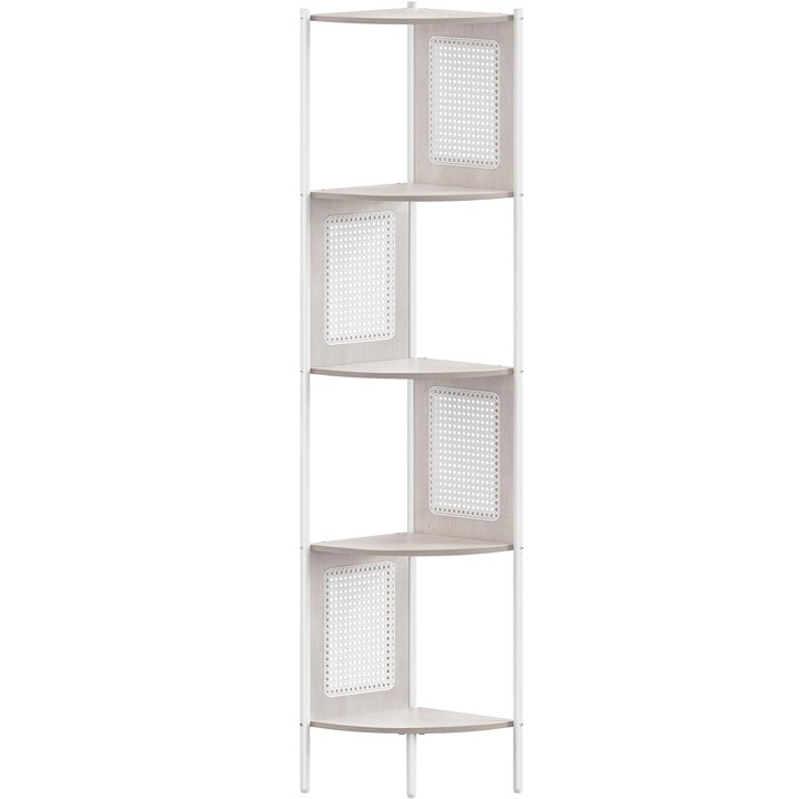 VASAGLE бохо ъглов рафт, метална рамка, MDF рафтове и полиратанови панели, 32x32x156 см, бял