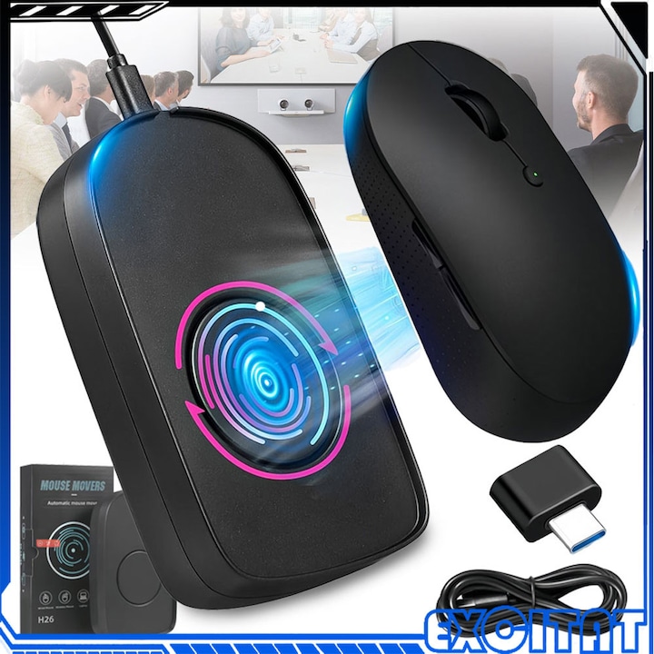 Mouse Jiggler Pentru Simularea Miscarii Mouse-Ului, Excitat®, cu comutator ON/OFF, silentios, anti sleep, cu timer, compatibil cu Windows si macOS, interval reglabil, USB, fara driver, nedetectabil, lumina ambientala, Negru
