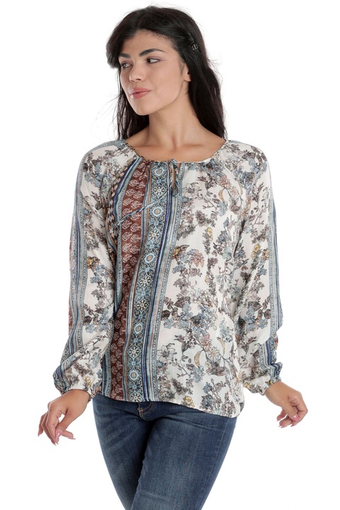 888144253-Bluza Dama, cu Maneca lunga tip IE, Alba cu Imprimeu Albastru-Maro Combinat